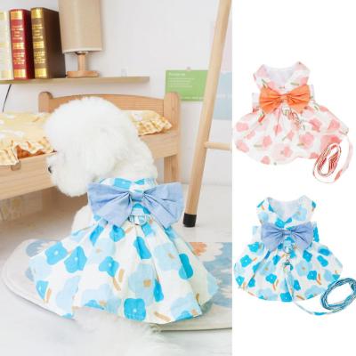 1 Set Pet Dress With Leash Bow Tie Design Cotton Linen Summer Breathable Ultra-thin Doggy Flower Printing Skirt Teddy Clothing Dresses