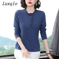 Luxqlo เสื้อยืดแขนยาวคอตั้งคอปกแต่งระบายสำหรับผู้หญิงเสื้อยืดลำลองสีทึบหลวมไซส์ใหญ่พิเศษ