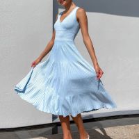 【YF】 V-neck Pleated A-line Midi Dress For Women 2023 Fashion Solid Color Casual Sundress High Waist Simple Basic Tank Dresses Summer