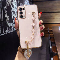 COROGI สำหรับ OPPO Reno5 / Reno5 Pro / Reno5 F/ Reno5 Z เคสพร้อมสายรัดข้อมือนำโชคโคลเวอร์สร้อยข้อมือหรูหราชุบ6D เคสมือถือขอบสี่เหลี่ยมกันชนฝาหลังป้องกันซิลิโคนนิ่ม