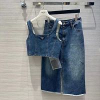 【NEW COMING】2023 New Washed Denim Sleeveless Open Navel Tank Top Half Skirt Set