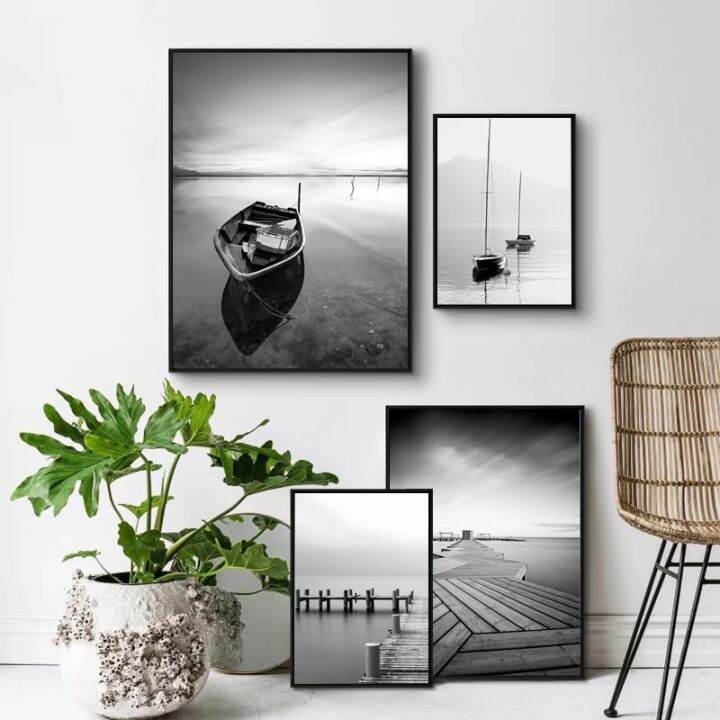 boat-wharf-lake-mountainทิวทัศน์ธรรมชาติสีดำสีขาวภาพโปสเตอร์ภาพวาดผ้าใบwall-artตกแต่งบ้านโมเดิร์นห้องนั่งเล่น