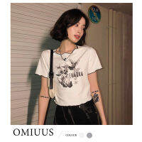 OMIUUS เสื้อยืดสั้นสำหรับผู้หญิง,ฉบับเกาหลีทรงหลวมพิมพ์ลายผีเสื้อขอบหูไม้แขนสั้น