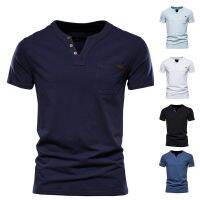 [COD] Cross-border foreign trade summer casual T-shirt mens slim-fit breathable sweat-absorbing solid-color pocket short-sleeved v-neck pullover