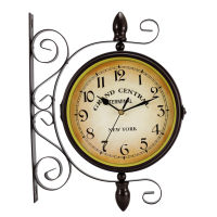 【Wall Clock】Iron Antique-Look Brown Round Two Faces Retro Station Clock Round Chandelier Wall Hanging Clock Home Décor Wall Clock