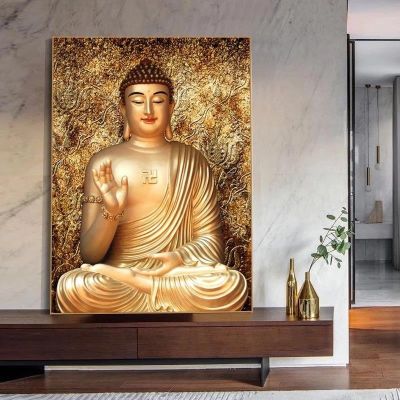 ⊙ Golden Buddha รูปปั้นห้องนั่งเล่น Home Wall ตกแต่งภาพวาด Wall Art ภาพวาดผ้าใบโปสเตอร์และภาพพิมพ์พุทธภาพจิตรกรรมฝาผนัง