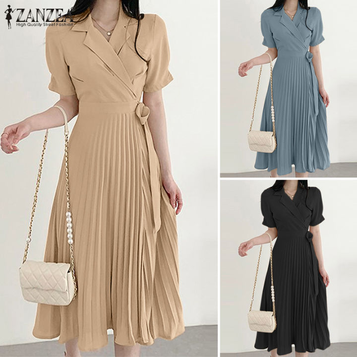 Rulfepy ZANZEA Korean Style Womens Short Sleeve Lapel A-Line Dress