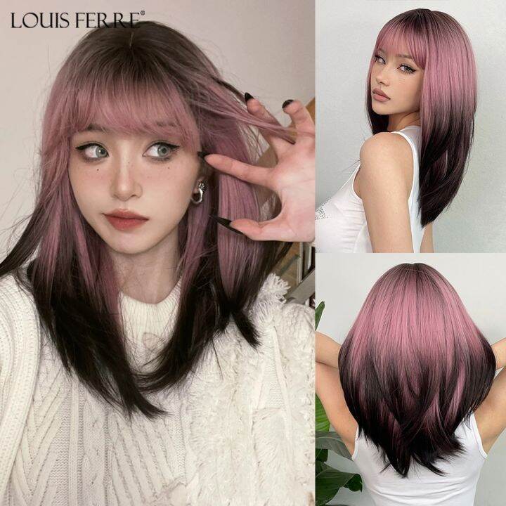 louis-ferre-สีดำสีชมพู-ombre-วิกผมสังเคราะห์สำหรับคอสเพลย์วิกผมยาวตรงหลายชั้นพร้อมหน้าม้าสำหรับผู้หญิงผมปลอมทนความร้อน