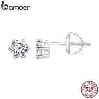 ต่างหูเพชรแพลทตินัมสำหรับผู้หญิง Bamoer D Color VVS1ต่างหูเม็ดกลม S925จาก Moissanite เครื่องประดับหาสว่างจ้ากลมตัด