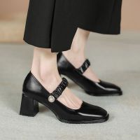 [37-43] 2022 spring new fashion all-match French style mid-heel square toe thick heel single Mary Jane pearl high heels