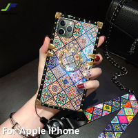 JieFie สำหรับ Apple iPhone 6 6S 6 Plus 6S Plus 7 8 7 Plus 8 Plus X XS XR XS Max 11 Pro Max 12 Pro Max 13 Pro Max 14 Pro Max Blu-Ray สไตล์ชาติพันธุ์เคสโทรศัพท์ Luxury Square กันกระแทกฝาหลัง + ขาตั้งโทรศัพท์และเชือกเส้นเล็ก