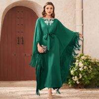 ชุดเดรส XQY500089kaftan สีเขียวปกเพชรกลมดอกไม้แขนค้างคาวมีพู่