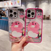 เคสป้องกันเลนส์ชุบสำหรับ IPhone 11 12 13 14 Pro Max ปลอกหลังหมีสีชมพูแปรงสีฟันภาษาอังกฤษแบบแฟชั่นเคสโทรศัพท์เซลล์กันกระแทก