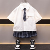 Childrens White Shirt Suit Summer Tie 2023 New Baby College Style Korean Fashion Boy Short-Sleeved Summer Clothes