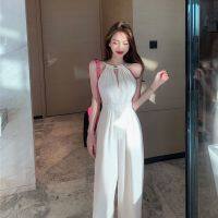 COD DSFGREYTRUYTU White Hollow Jumpsuit✨✨ 2022 New Style Classy Off-The-Shoulder Sleeveless Halter High Waist Wide Leg Jumpsuit