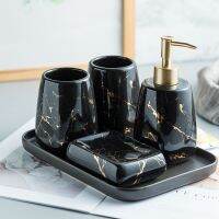 【jw】☬✙  Cerâmica Brilhante Mármore Banheiro Acessório Set Ferramentas Lavagem Garrafa Mouthwash Cup Sabão Toothbrush Holder Tray Hotel SetF