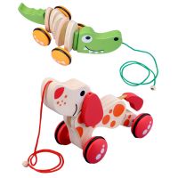 Fun Croc Or Dog Toddler Wooden Pull Along Toy Baby Dragging Kids Puppy Baby Learn Walk Toy Tractors Gift For Toddlers New