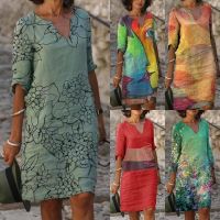 【HOT】▩▥✐ 2023 Womens Dresses Fashion Printing V-Neck Half Sleeve Knee Length Shirt Thin Large