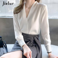 Jielur New Chiffon White V-neck Womens Blouses Long Sleeve Spring 2021 High Street Shirt Ladies Top Chemisier S-XXL Solid Color