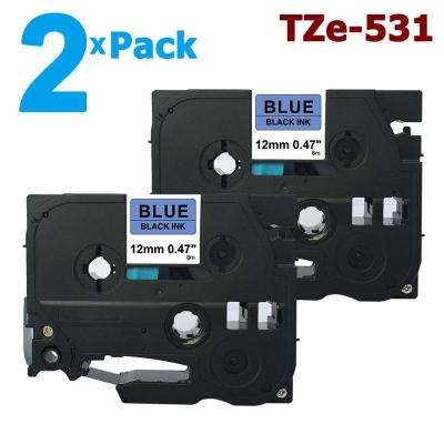 2 Pack 12mm Tze-531 Black on Blue Label Tape for Brother PTouch TZe531 Tze 531 Compatible with P-Touch P Touch Labeler Label Maker Printer/ Labeling Tool System, Laminated Sticker Ribbon Lettering Print Cassette