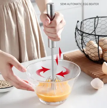 1pc Stainless Steel Semi-automatic Egg Beater With Press & Rotate Function,  Handheld Cream And Egg Mixer For Home Baking