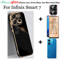 BLKNAIM เคสโทรศัพท์4IN1สำหรับ Infinix Smart 7เคสซิลิโคนเคสนิ่มใส่โทรศัพท์ขอบทอง + กระจกนิรภัยด้านชนิดเคลือบเพื่อความอ่อนโยนคลุมทั้งหมด + สติกเกอร์หน้าจอหลังกระจกเลนส์กล้องถ่ายรูป + ฟิล์มหลังคาร์บอนไฟเบอร์