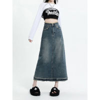 3xl New Vintage Raw Edge Washed Denim Half Skirt Womens Korean High Waist Slim A-line Mid length Dress