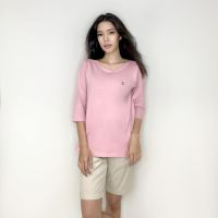 PORTLAND เสื้อแขน 3/4คอปาด ทรงคลาสสิก เนื้อคอตตอน ใส่สบาย  (ชมพู) / 3/4 Sleeve Solid Stripe Tee (Pink)