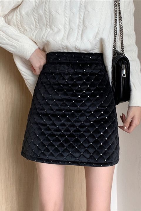 easygarment-spring-black-high-waist-sequin-a-line-women-new-slim-quilted-velvet-mini-skirt