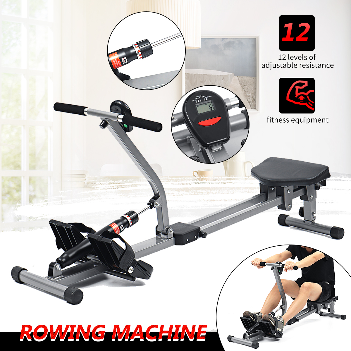 with LCD Digital Monitor Rowing Machine at Home Indoor Fitness Paddle Adjustable Height Resistance 12 Levels Load 120 kg 