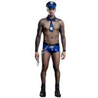 Mens Sexy Mesh See-Through Cosplay Police Uniform Erotic Roleplay Cap Lingerie Bodysuit Night Club Hot Outfit