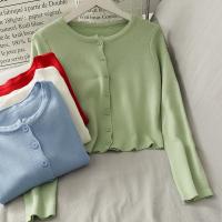 Round Neck Solid Color T-shirt Single-breasted Short Slim Long-sleeved Knitted Cardigan