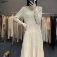 LHZSYY Womens Cashmere Knit Dress V-Neck Solid Color Slim Length Skirt Casual High Waist Hip Skirt Autumn Winter Wool Pullovers