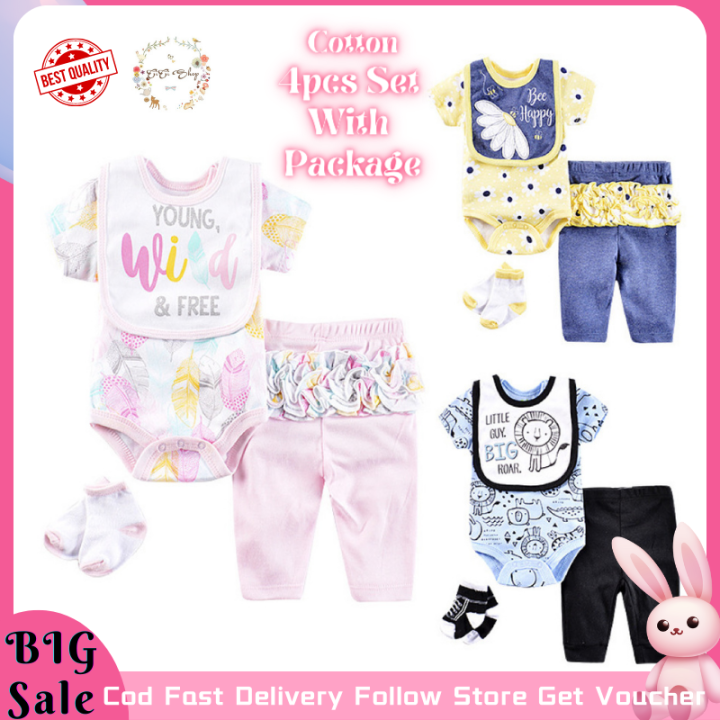 CiCi Baby 100%Cotton Cute Clothes 4pcs Set Short Sleeves Onesie Pants Bibs  Socks Romper Legging Packs Gift Set With Package