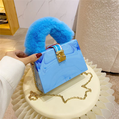 Faux Fur Top Handle Acrylic Party Box Clutch Fashion Purses and Handbags for Women Designer Evening Bag Chain Shoulder Bag