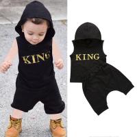 (TER)0-36M Baby Boys Clothes Set Letter King Print Hoodie For Boys Solid Black Sleeveless Sweatshirt Boys Pants Outfits Baby Boy Set