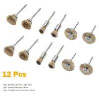 12 Pcs Drill Brushes Copper Wire Brush Brush Bowl Straight T-shaped Round Shank For Metal Polishing Grinding Rotary Tools