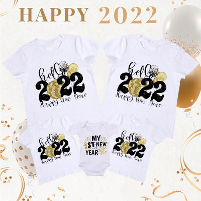 Hello 2022 Happy New Year Family Matching Clothes Family Look Father Mother Kids Tshirts Baby Rompers New Year 2022 Outfits