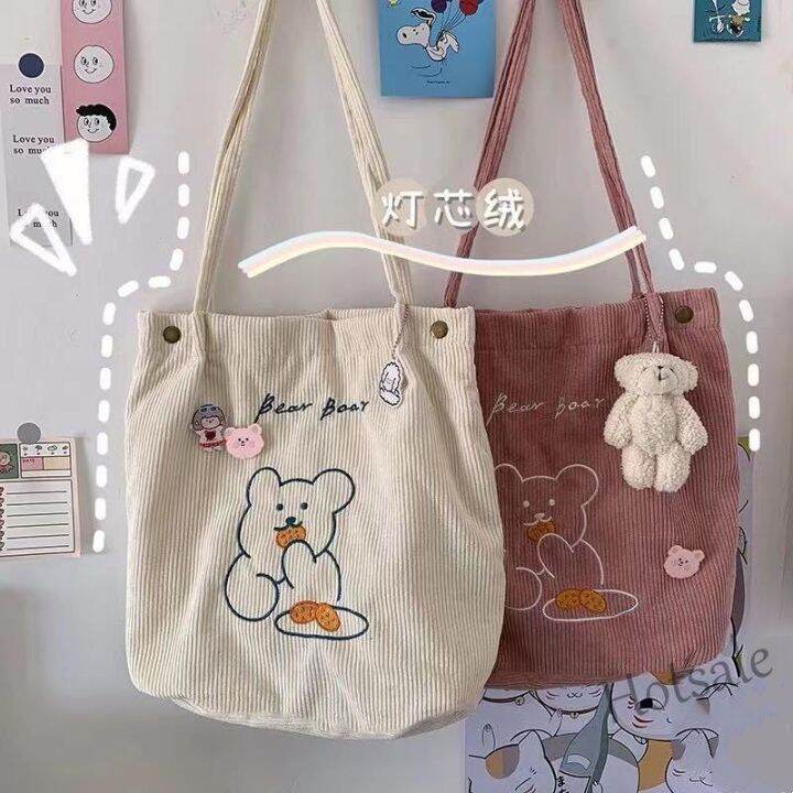 hot-sale-c16-tscfashion-ins-cute-bear-one-shoulder-canvas-bag-korean-college-girl-students-versatile-corduroy-shopping-tote-handbag