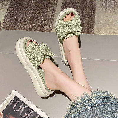Bow knot French style sandals and slippers 2023 summer new fairy style girls wear thick sole straight line beach slippers
