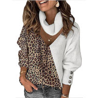 Womens long sleeve V-neck Retro Top scarf Collar Leopard Print Color-block Pullover  New Autumn Winter Loose Casual Sweater