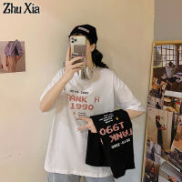 Zhu Xia เสื้อยืดสำหรับผู้หญิงตัวอักษรยุโรปและอเมริกาแขนสั้นพิมพ์ลายเสื้อลำลองขนาดใหญ่มีทุกอย่าง Ins