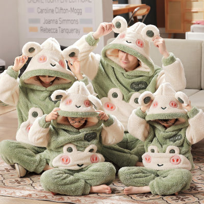 Kawaii Trend Winter Thick Plush Parent-Child Pajamas for Boys Girls Flannel Long Sleeve Cute Cartoon Home Family Clothes