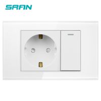 SRAN Two gang EU switch with socket white crystal glass panel 118mmx72mm1 gang 1/2 way 16A switch plug