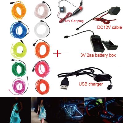 2-10m EL Flexible Neon Light Glow EL Wire Rope tape Strip LED cold Light Shoes Clothing Car decorate ribbon lamp USB battery 12V