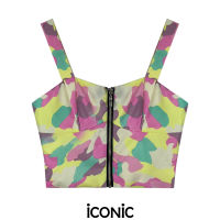 iCONiC PASTEL PAINTING CROP TOP #5304 เสื้อสั้น ผ้าไหม พิมพ์ลาย ยาว15" แต่งซิปหน้า เสื้อผญ เสื้อแฟชั่น เสื้อไฮโซ เสื้อผ้าไหม เสื้อพิมพ์ลาย เสื้อครอป