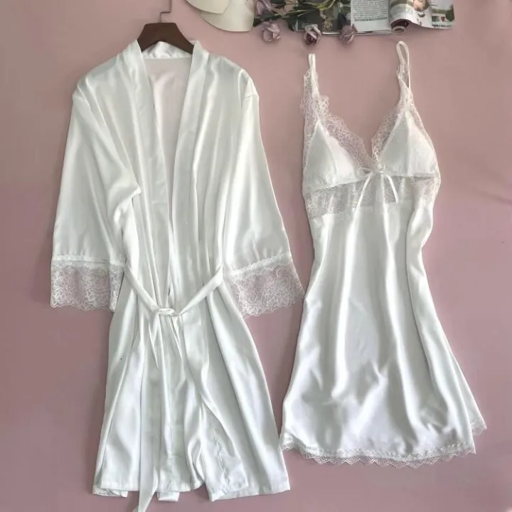 2PCS Satin Lace Robe Gown Sets Sexy Womens Nighty Bathrobe Nightdress