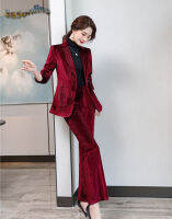 Autun ฤดูหนาวแขนยาวเสื้อคลุม Pantsuits ที่มีคุณภาพสูงผ้ากำมะหยี่ผู้หญิงใส่ทำงานกับกางเกงและแจ็คเก็ตเสื้อสัมภาษณ์