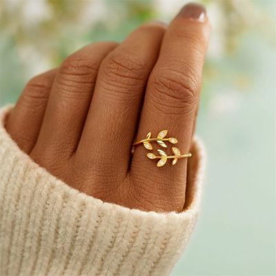 OKDELS สายไขว้แหวนใบไม้ต้นไม้ดีไซน์วินเทจเครื่องประดับแฟชั่นแหวนเปิดนิ้วปรับได้แหวนใบไม้