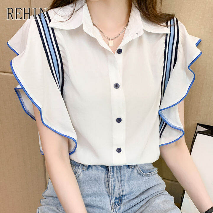 rehin-เสื้อเชิ้ตแขนสั้นเย็บขอบจีบผู้หญิง-เสื้อชีฟองหรูหรา